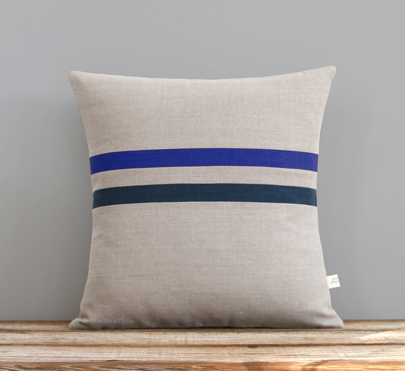 Cobalt Blue and Navy Striped Linen Pillow Cover 16x16 Modern Home Decor by JillianReneDecor Monaco Blue image 1