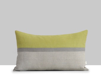 Linden Green Horizon Line Pillow Cover with Stone Grey & Natural Stripes by JillianReneDecor, Autumn Home Decor, Color Block, Moss  Linen