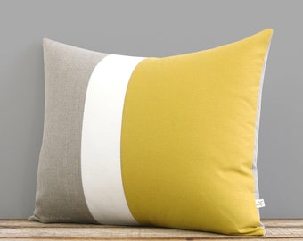 16x20 Color Block Pillow Cover in Mustard Yellow, Cream and Natural Linen by JillianReneDecor -  Modern Home Decor - Honey Gold