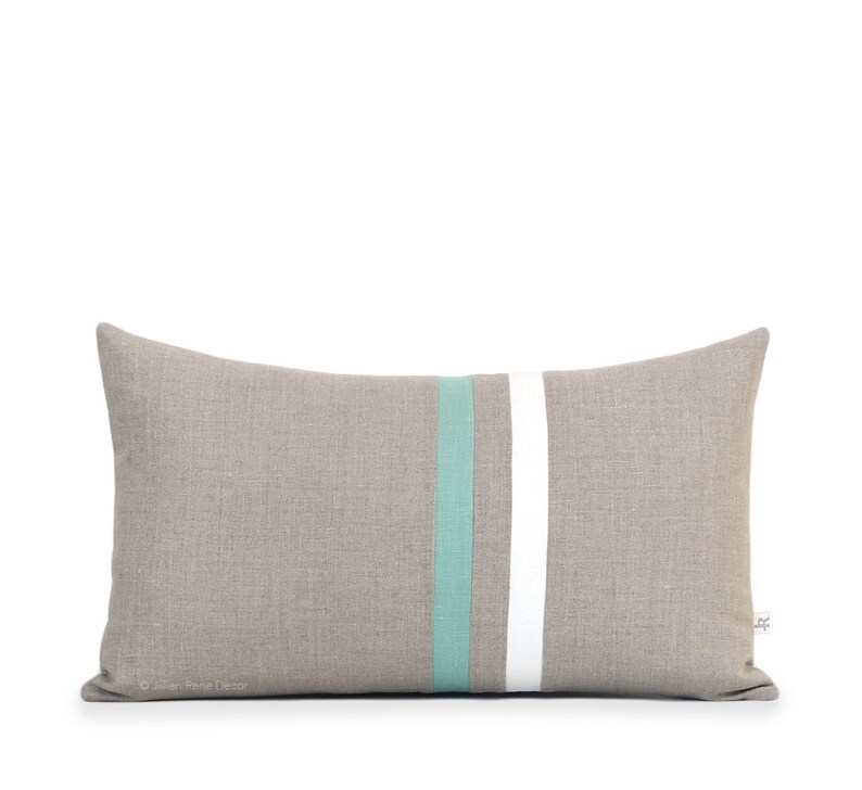 Striped Linen Pillow Cover Aqua, Cream and Natural 16x16 or 12x20 Spring Home Decor by JillianReneDecor Spring, Beach House, Lumbar image 3