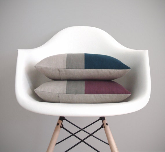 Decorative Pillows, Colorblock Pillow Cover in Lake or Amethyst Linen with Grey Stripe by Jillian Rene Decor - Dark Teal - Purple - FW2015