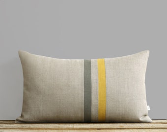 Striped Linen Pillow Cover - Squash and Stone Gray (12x20) Spring Home Decor by JillianReneDecor - Autumn - Yellow and Grey Lumbar Pillows