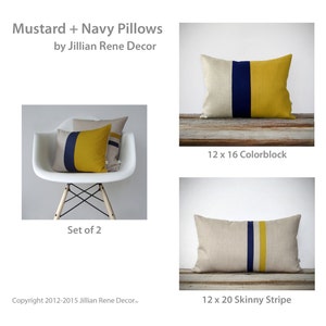 Mustard Yellow Pillow Cover Set Color Block and Striped Pillows by JillianReneDecor Set of 3 Yellow and Navy Colorblock Pillow Trio image 3