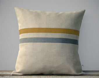 Marigold Striped Pillow Cover in Stone Grey & Natural Linen by JillianReneDecor - Modern Home Decor - Dark Mustard 16x16