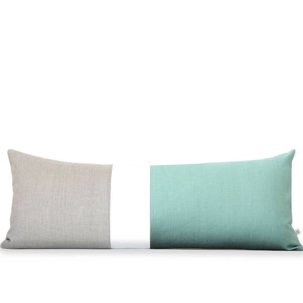 14x35 Aqua Colorblock Pillow Cover, Lumbar Pillow, Bedding, Decorative Pillows by JillianReneDecor, Aqua Bolster, Extra Long Color Block