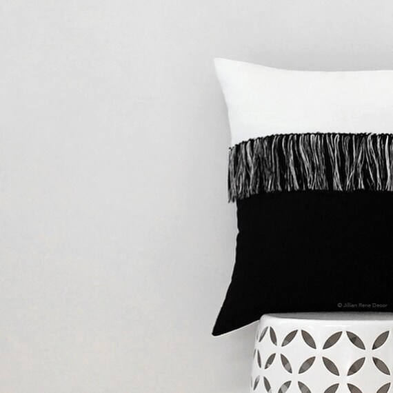 Items similar to Black and Cream Fringe Pillow Cover with Hand Knotted Tassels 20" x 20" by