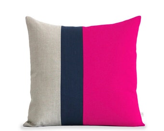 Color Block Pillow (20x20) Hot Pink, Navy and Natural Linen by JillianReneDecor, Modern Home Decor, Colorblock Striped Trio