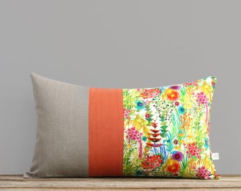 Bright Floral Decorative Pillow, Tresco Liberty Print, Watercolor Flowers, Summer Home Decor by JillianReneDecor, Lumbar Palm Flower Pillow