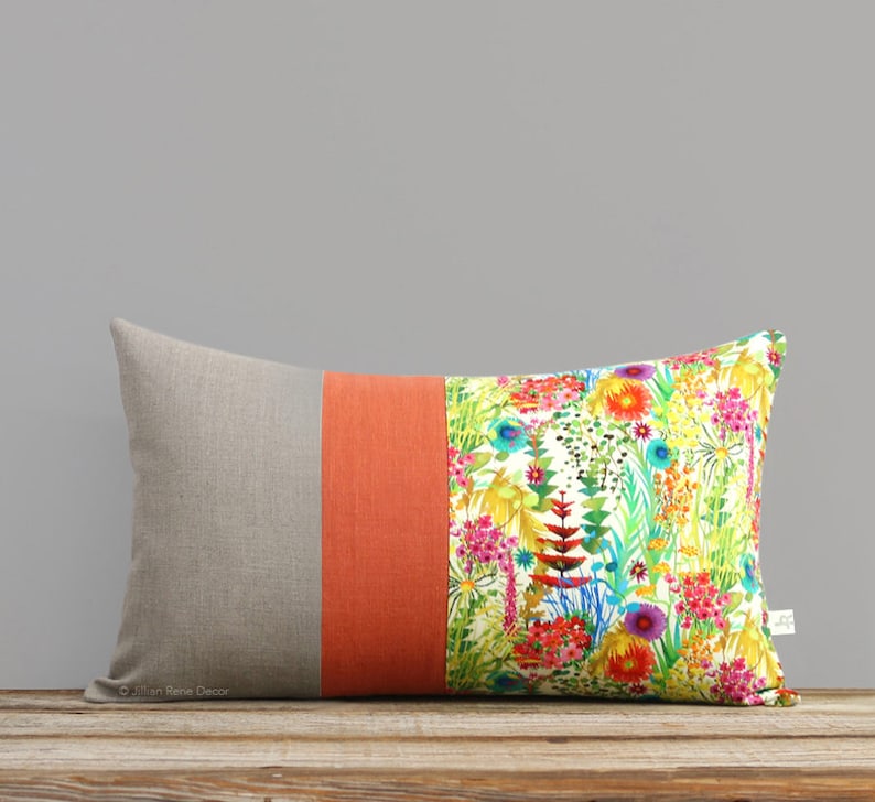 Bright Floral Decorative Pillow, Tresco Liberty Print, Watercolor Flowers, Summer Home Decor by JillianReneDecor, Lumbar Palm Flower Pillow image 1