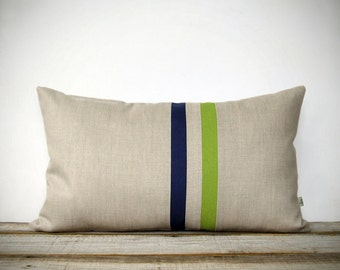 Lime Green and Navy Striped Pillow - 12x20 - Modern Home Decor by JillianReneDecor | Colorful Colorblock Stripes | Apple Green | Spring