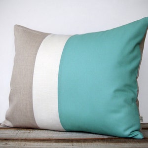 As seen in Good Housekeeping Magazine: Color Block Pillow in Mint, Cream and Natural Linen by JillianReneDecor 16x20 Costal Home Decor image 1