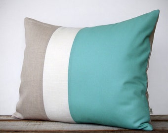 As seen in Good Housekeeping Magazine: Color Block Pillow in Mint, Cream and Natural Linen by JillianReneDecor (16x20) Costal Home Decor