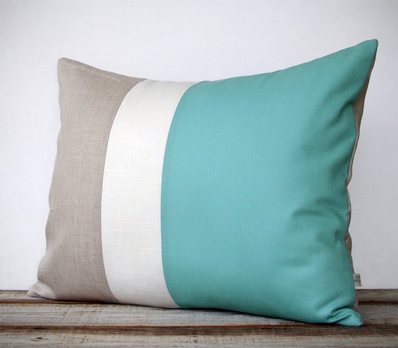 As seen in Good Housekeeping Magazine: Color Block Pillow in Mint, Cream and Natural Linen by JillianReneDecor 16x20 Costal Home Decor image 1