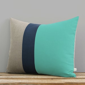 16x20 Mint Colorblock Pillow Cover with Navy and Natural Linen Stripes by JillianReneDecor, Aqua, Turquoise