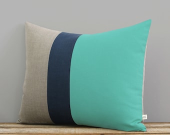 16x20 Mint Colorblock Pillow Cover with Navy and Natural Linen Stripes by JillianReneDecor, Aqua, Turquoise