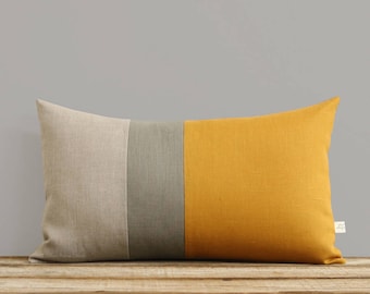 Decorative Lumbar Pillows, Colorblock Pillow Cover in Marigold Linen with Stone Grey Stripe by Jillian Rene Decor (12x20) Modern FW2015