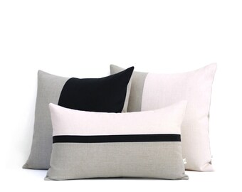 Pale Pink and Black Decorative Pillow Cover Set of 3: 12x20 Horizon Line and 18x18 Colorblock Pillows by JillianReneDecor, Striped Decor