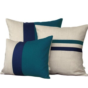 Colorblock Stripe Pillow Set Teal & Navy Striped Pillow and Color Block Pillow Set by JillianReneDecor Set of 3 image 1