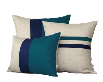 Colorblock Stripe Pillow Set - Teal & Navy Striped Pillow and Color Block Pillow Set by JillianReneDecor (Set of 3)