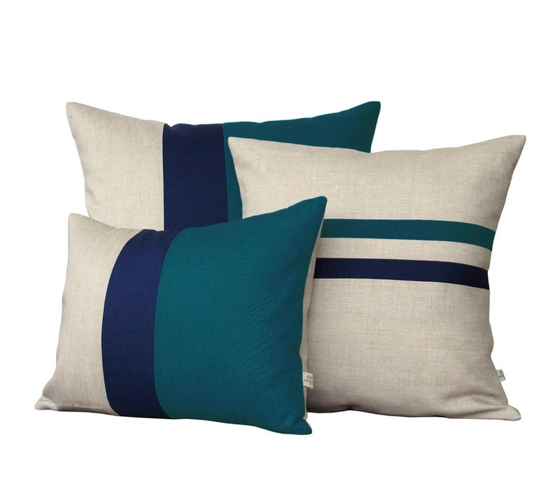 Colorblock Stripe Pillow Set Teal & Navy Striped Pillow and Color Block Pillow Set by JillianReneDecor Set of 3 image 1