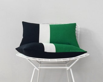 Kelly Green Colorblock Stripe Pillow Cover in Cream & Black Linen by JillianReneDecor Modern Home Decor - 12x20 Lumbar Pillow - Emerald