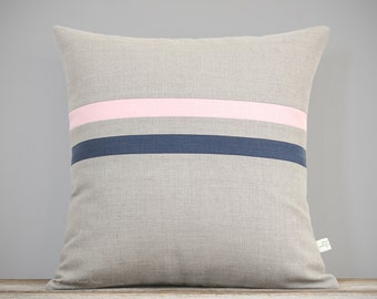 Pastel Pink and Navy Blue Striped Pillow Cover (16x16) Modern Home Decor by JillianReneDecor - Colorful Colorblock Stripes - Rose Quartz