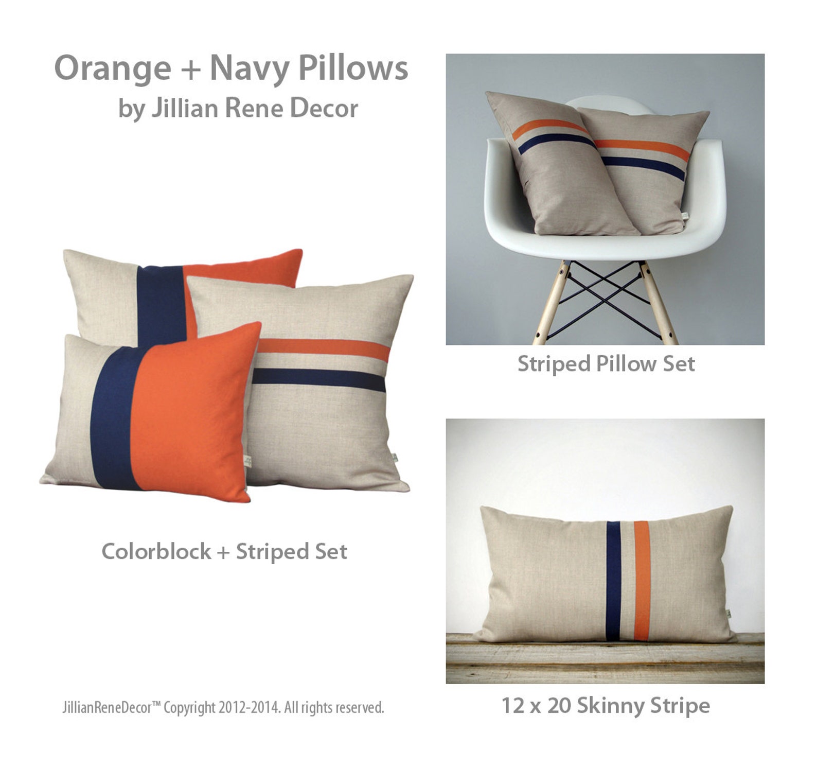 Orange and Navy Striped Pillow Set 12x20 and 16x16 by Etsy