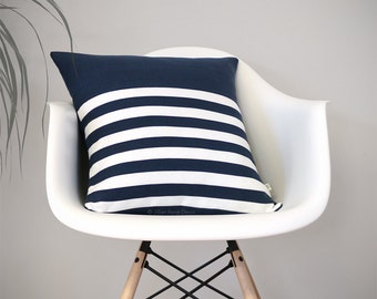 Breton Stripe Patterned Pillow Cover in Navy Blue and Cream Linen by JillianReneDecor (18x18) Spring Home Decor - Striped Pillow - Nautical