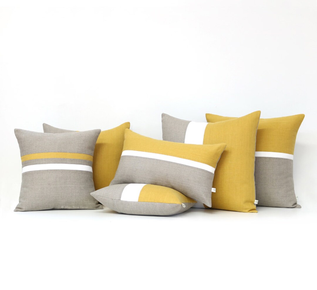 Yellow Linen Pillow Cover Set of 6 Decorative Pillows Squash, Cream and