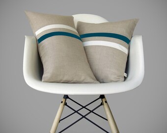 Striped Decorative Pillow Set | Teal and Cream | (12x20) and (16x16) by JillianReneDecor | Modern Home Decor | Minimal