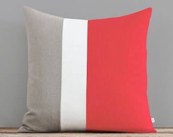 20in Color Block Pillow Cover in Coral, Cream and Natural Linen by JillianReneDecor, Modern Home Decor, Colorblock Striped Trio