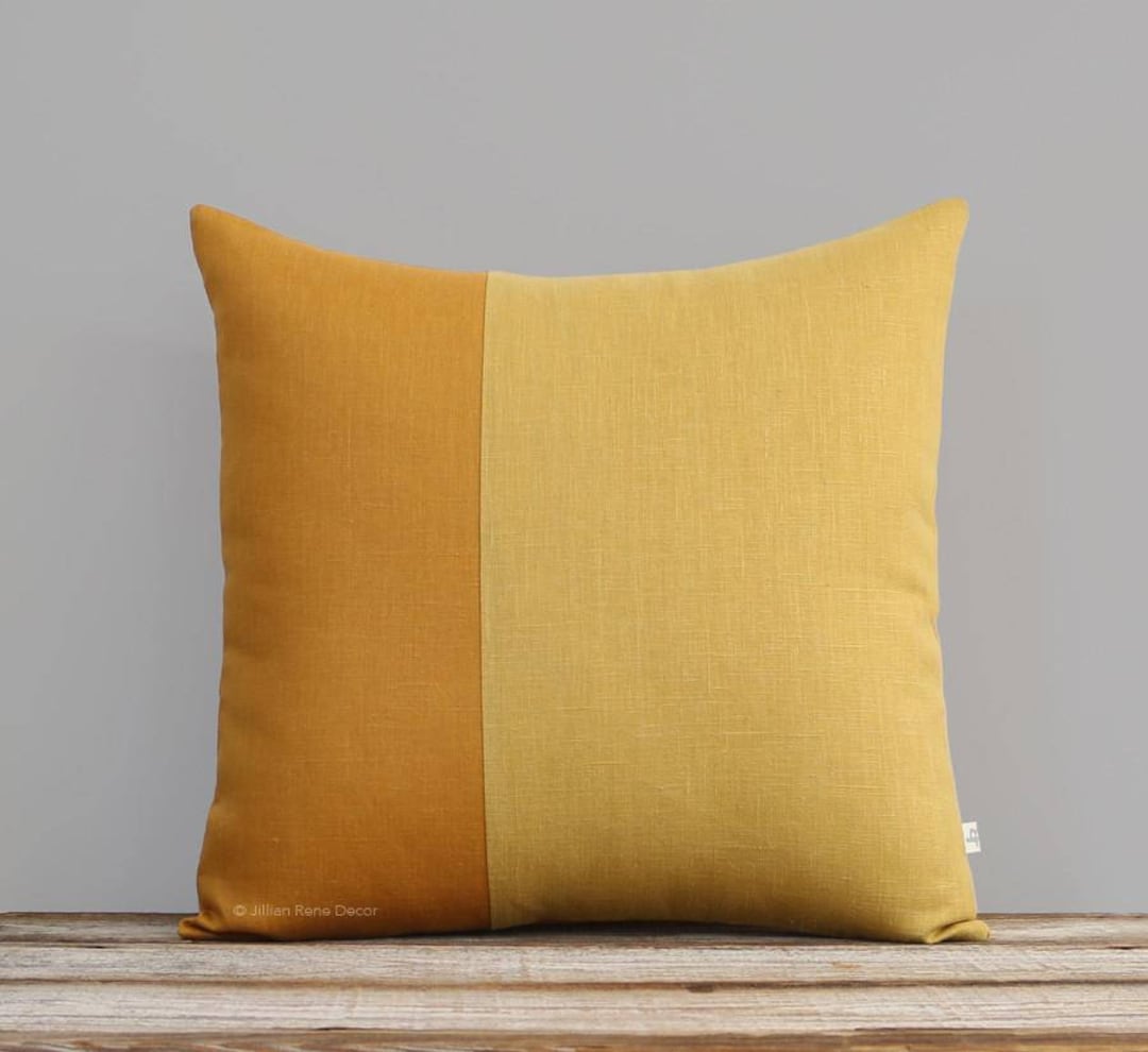 Yellow Linen Pillow Cover, Two Tone Colorblock Pillow, Modern Home