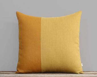 Yellow Linen Pillow Cover, Two Tone Colorblock Pillow, Modern Home Decor by JillianReneDecor - Minimal, Scandinavian Inspired, Marigold