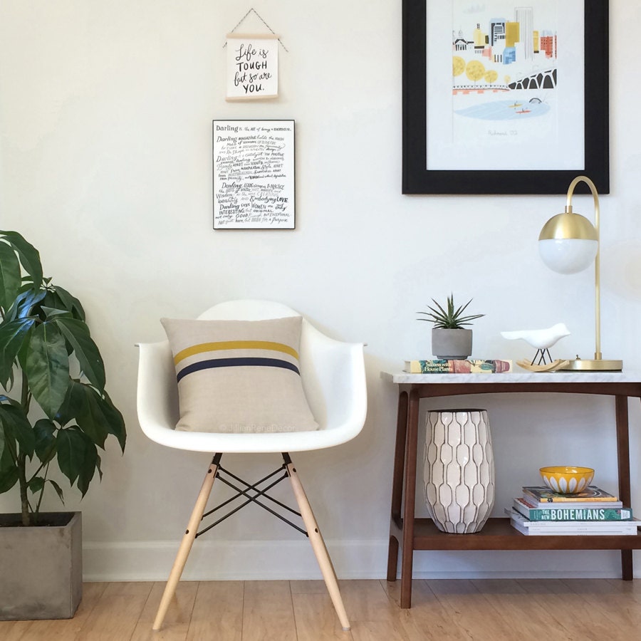 Mustard Yellow and Navy Striped Pillow 16x16 Mid Century Etsy