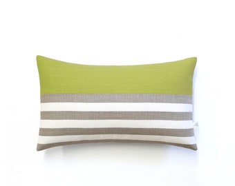 Bretton Stripe Lumbar Pillow Cover in Linden Green, Cream and Natural Linen Stripes by JillianReneDecor (12x20) - Mod Home Decor