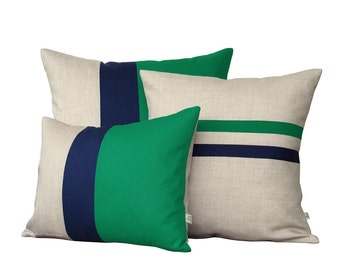 Colorblock Stripe Pillow Set - Emerald & Navy Blue Striped Pillow and Color Block Pillow Set by JillianReneDecor (Set of 3)