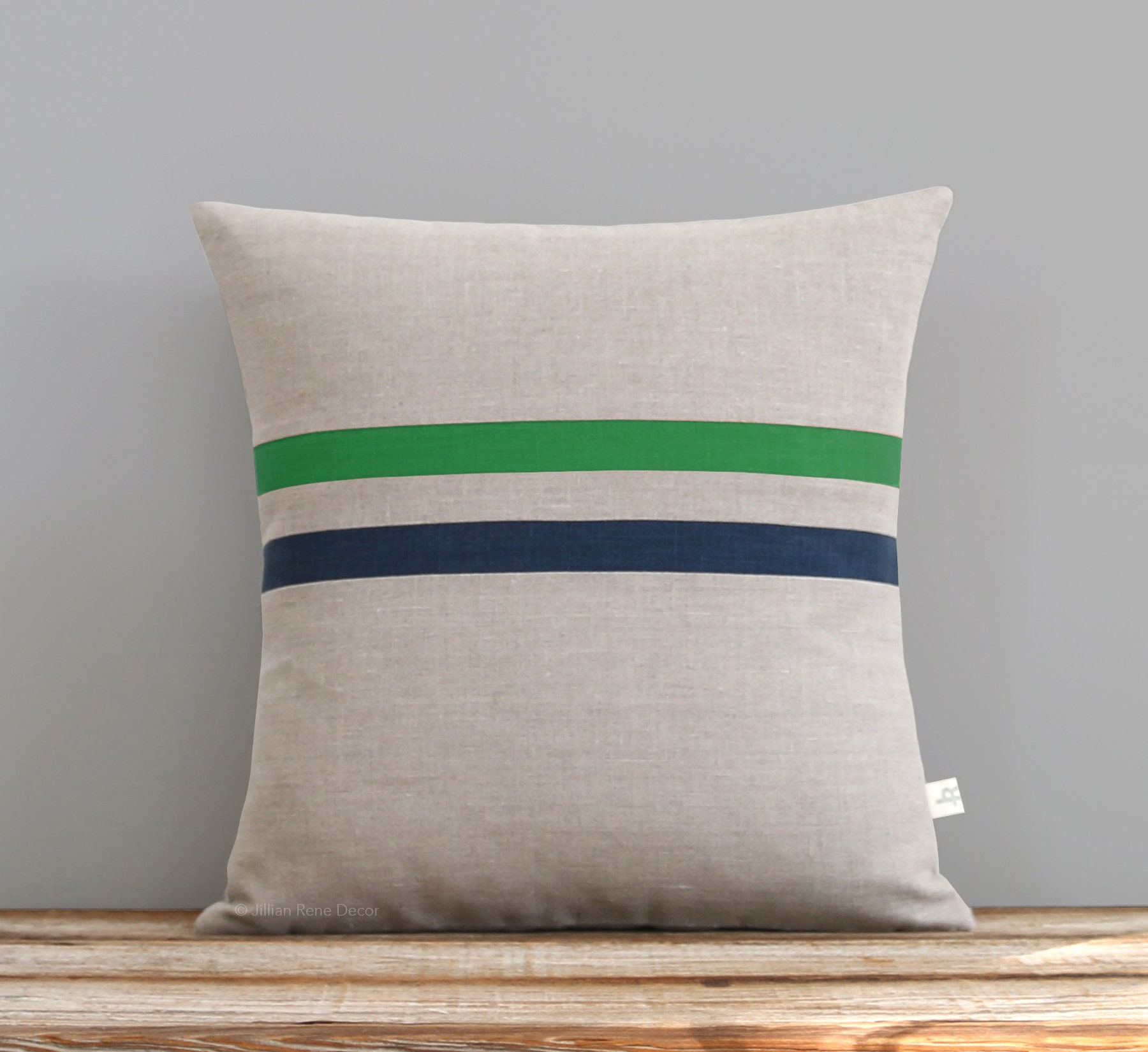 Gift 20x20 Emerald Green Color Block Pillow with Cream and Natural Linen Stripes by JillianReneDecor Modern Home Decor Kelly Green