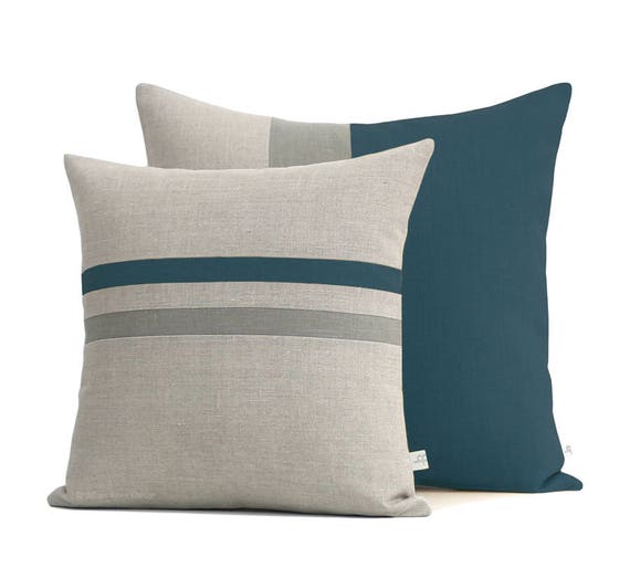 Lake Colorblock & Striped Pillow Set with Grey Stripe by JillianReneDecor - 16"x16" and 20"x20" - Dark Teal - Decorative Pillow Covers