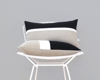 AS SEEN in Glamour Magazine: Horizon Line Pillow Cover with Black, Cream & Natural Linen Stripes by JillianReneDecor, Modern Home Decor