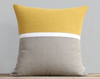 Horizon Line Pillow Cover in Squash Yellow, Cream & Natural Linen Stripes by JillianReneDecor, Modern Home Decor, Horizontal Stripe Pillow