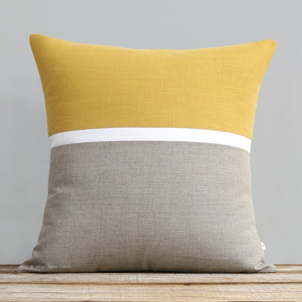 Horizon Line Pillow Cover in Squash Yellow, Cream & Natural Linen Stripes by JillianReneDecor, Modern Home Decor, Horizontal Stripe Pillow