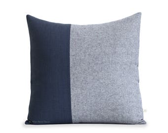 Navy Chambray Colorblock Pillow Cover (20x20) - Modern Home Decor by JillianReneDecor - Nautical Pillows - Indigo Blue Linen