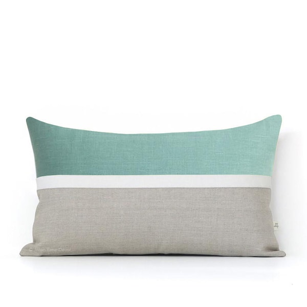 12x20 Horizon Line Pillow Cover in Aqua, Cream & Natural Linen Stripes by JillianReneDecor, Modern Home Decor, Colorblock Stripes