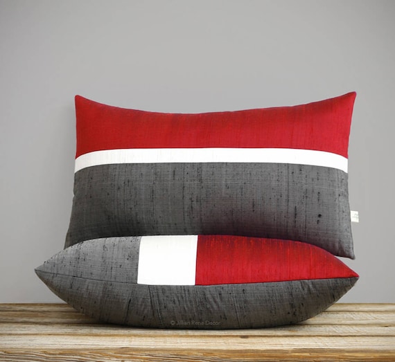 Red Silk Horizon Line Pillow Cover With Cream And Charcoal Etsy