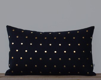 Gold Studded Pillow Cover in Black Linen | Polka Dot Pattern | by JillianReneDecor | Geometric Pillow | Home Decor | Brass Studs