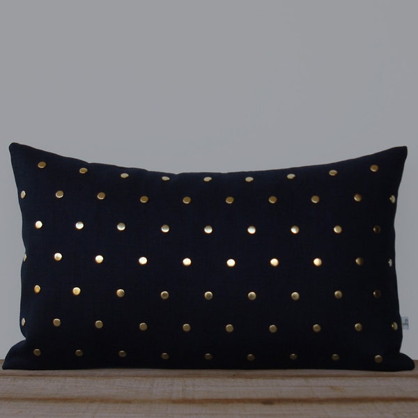 Gold Studded Pillow Cover in Black Linen | Polka Dot Pattern | by JillianReneDecor | Geometric Pillow | Home Decor | Brass Studs