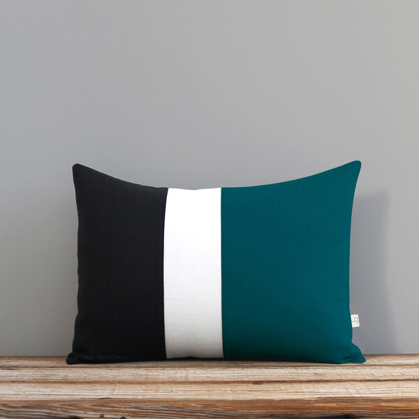 Teal Colorblock Stripe Pillow in Cream and Black Linen by JillianReneDecor, Modern Home Decor Color Preppy Striped Trio