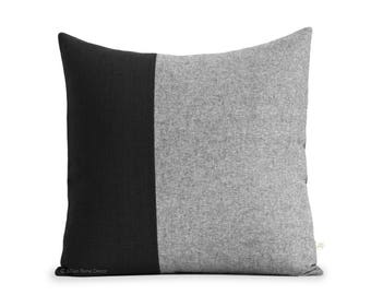 Housse d’oreiller Colorblock 20x20 Black Chambray - Décoration intérieure moderne par JillianReneDecor - D’inspiration scandinave - Oreillers noir et blanc