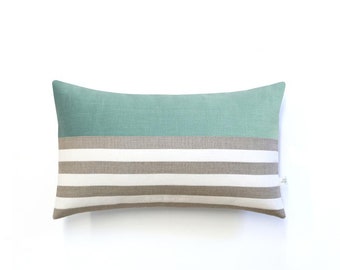 Patterned Stripe Lumbar Pillow Cover in Aqua, Cream and Natural Breton Stripes by JillianReneDecor (12x20) - Spring Home Decor