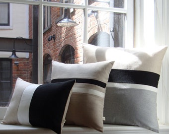 Negro y Blanco Chambray Rayed Colorblock Pillow Cover Set of 3 - Modern Home Decor por JillianReneDecor